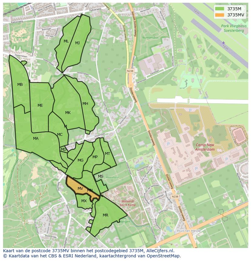 Afbeelding van het postcodegebied 3735 MV op de kaart.