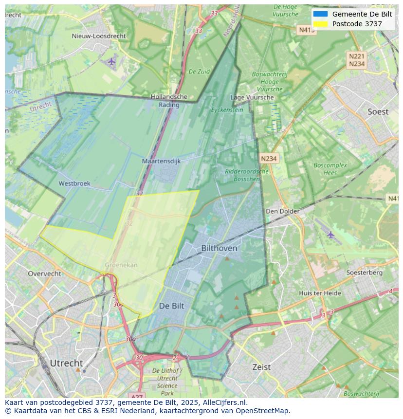 Afbeelding van het postcodegebied 3737 op de kaart.