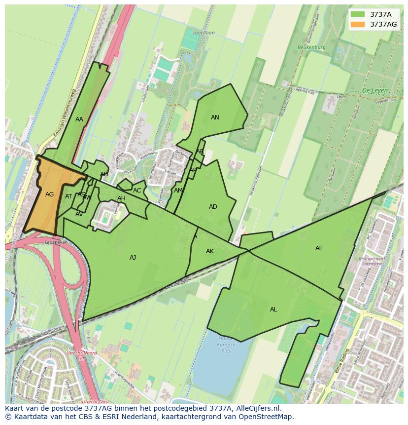 Afbeelding van het postcodegebied 3737 AG op de kaart.