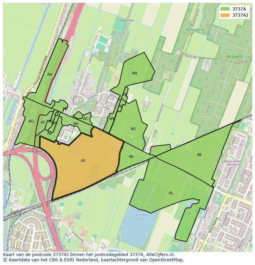 Afbeelding van het postcodegebied 3737 AJ op de kaart.