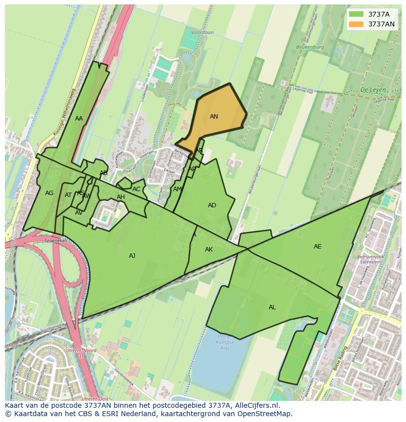 Afbeelding van het postcodegebied 3737 AN op de kaart.