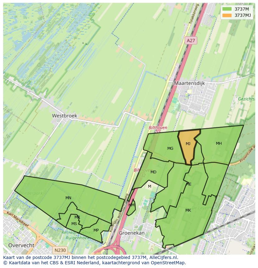 Afbeelding van het postcodegebied 3737 MJ op de kaart.