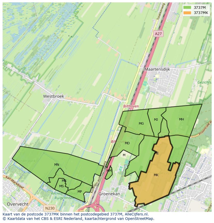 Afbeelding van het postcodegebied 3737 MK op de kaart.