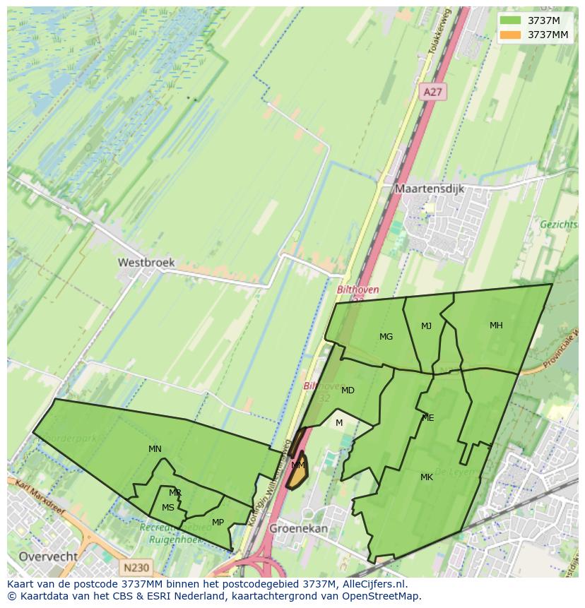 Afbeelding van het postcodegebied 3737 MM op de kaart.