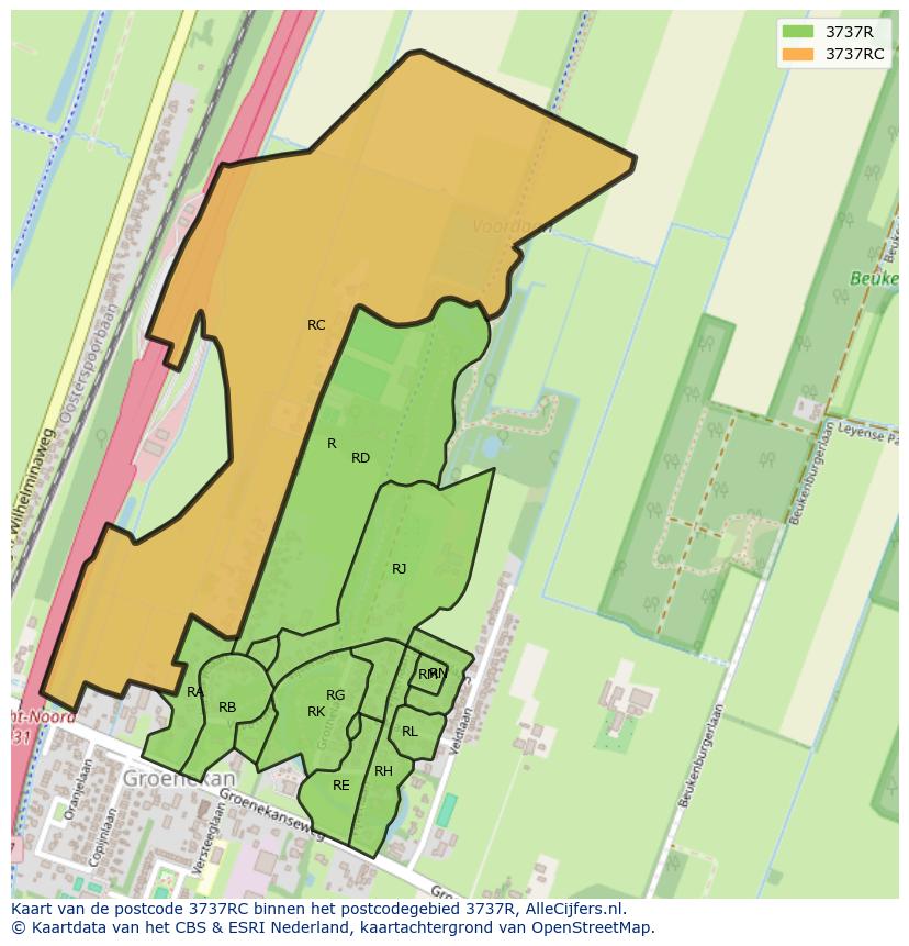 Afbeelding van het postcodegebied 3737 RC op de kaart.