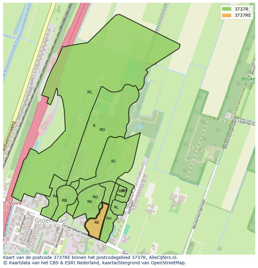 Afbeelding van het postcodegebied 3737 RE op de kaart.