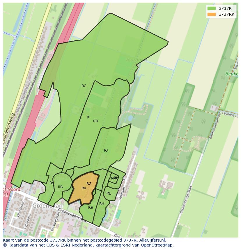Afbeelding van het postcodegebied 3737 RK op de kaart.