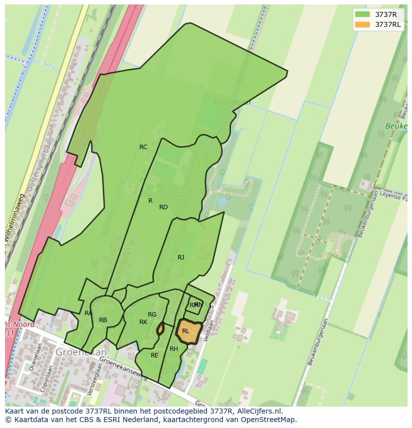 Afbeelding van het postcodegebied 3737 RL op de kaart.
