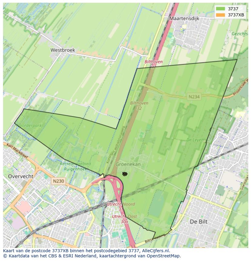 Afbeelding van het postcodegebied 3737 XB op de kaart.