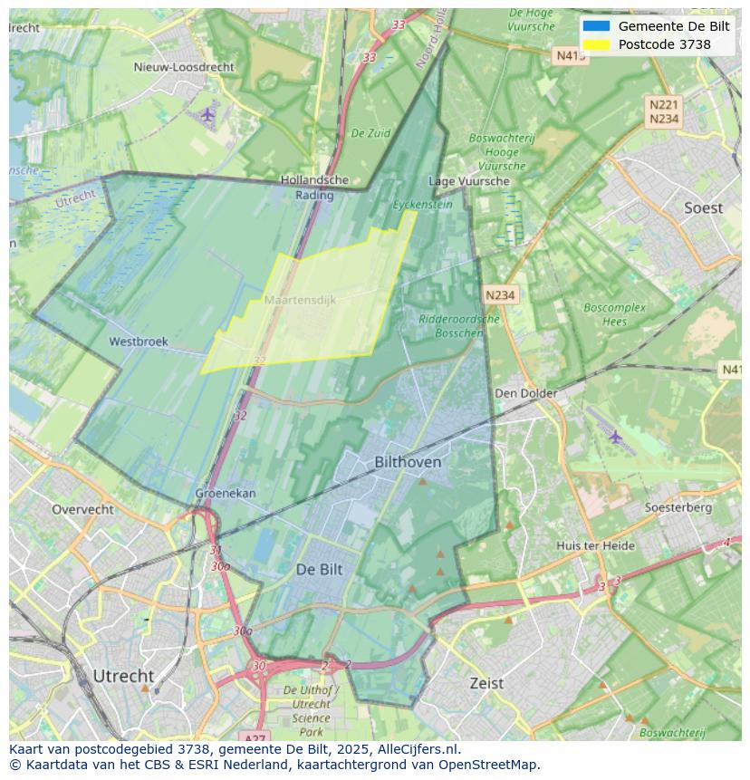 Afbeelding van het postcodegebied 3738 op de kaart.