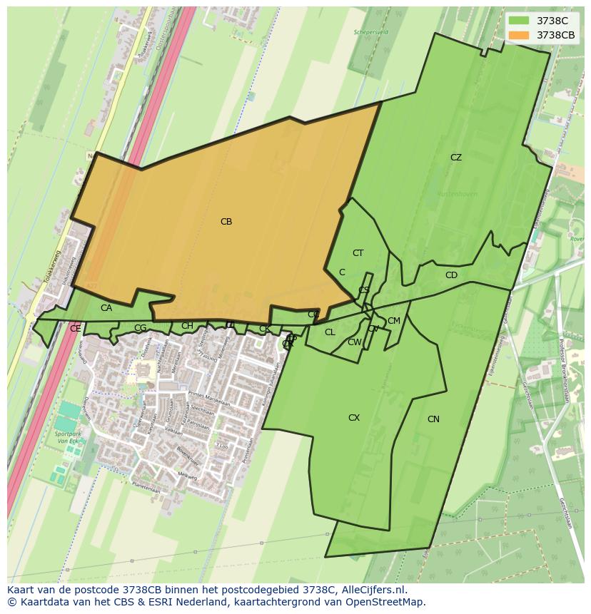 Afbeelding van het postcodegebied 3738 CB op de kaart.