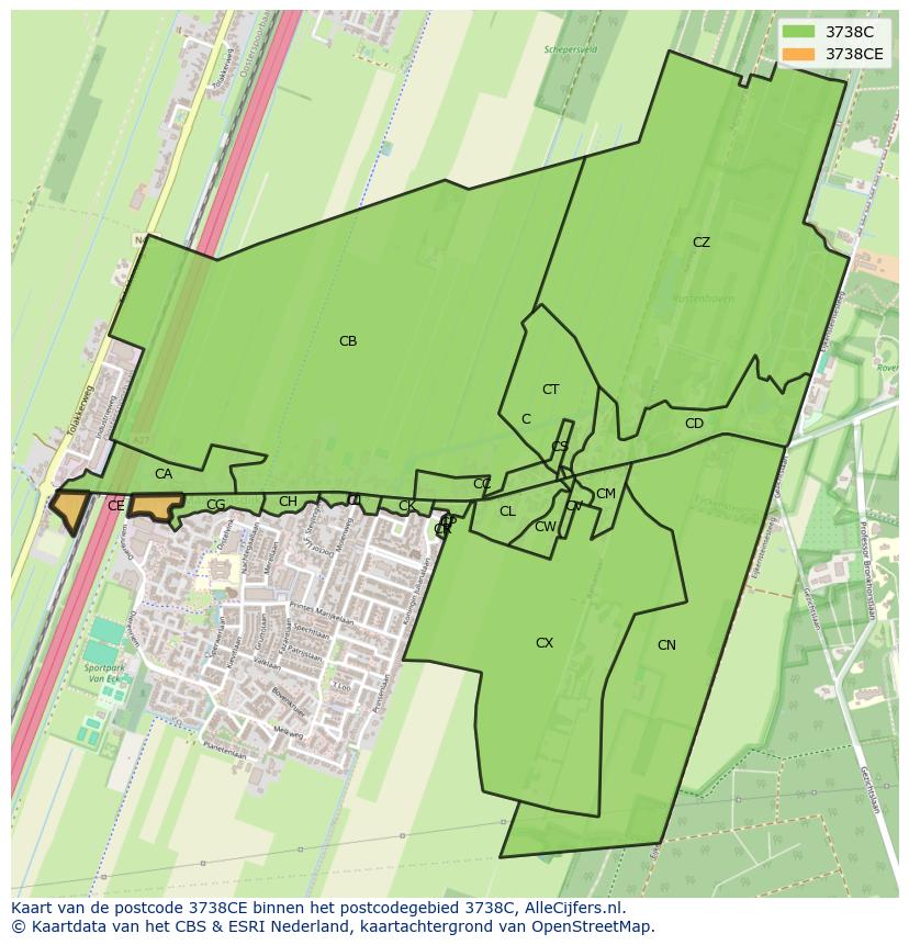 Afbeelding van het postcodegebied 3738 CE op de kaart.