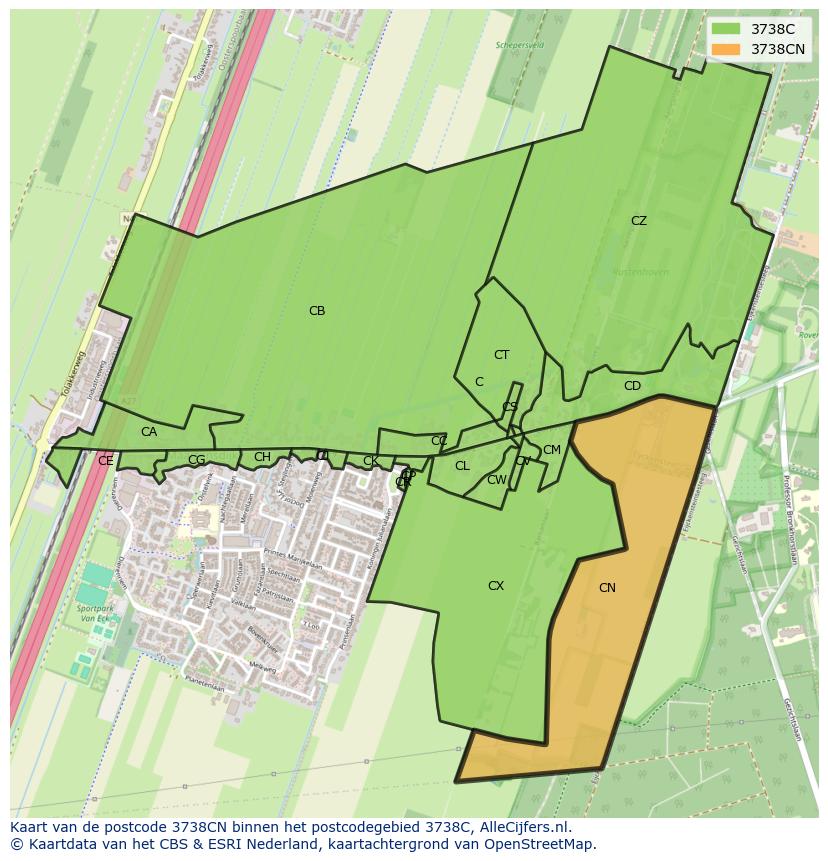Afbeelding van het postcodegebied 3738 CN op de kaart.