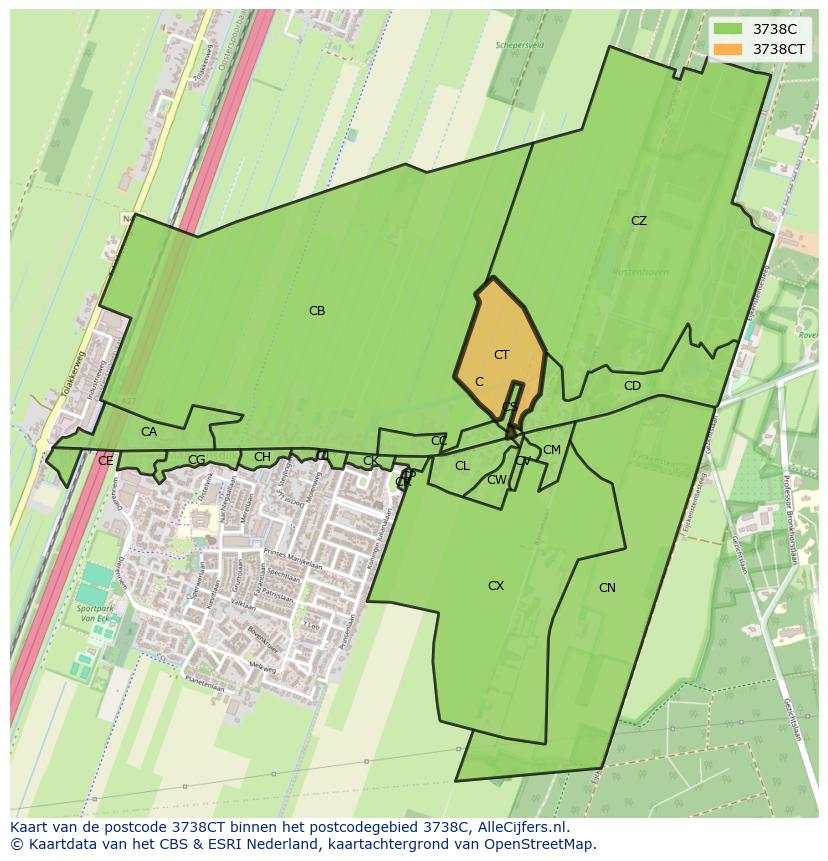 Afbeelding van het postcodegebied 3738 CT op de kaart.