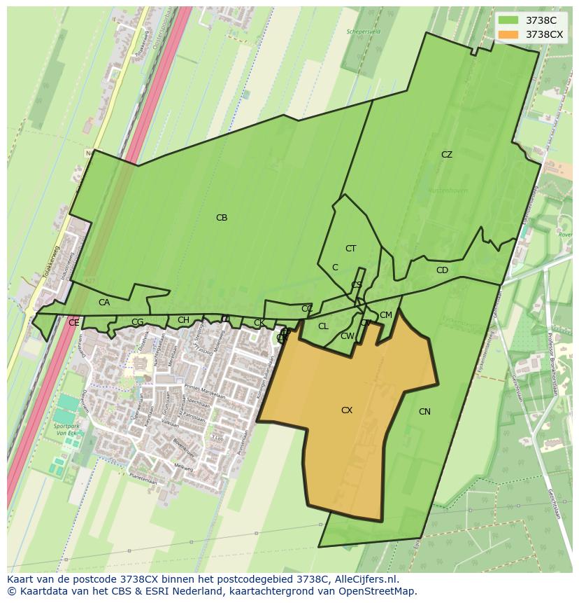 Afbeelding van het postcodegebied 3738 CX op de kaart.