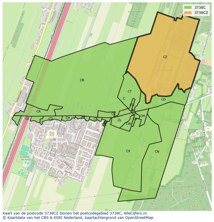 Afbeelding van het postcodegebied 3738 CZ op de kaart.