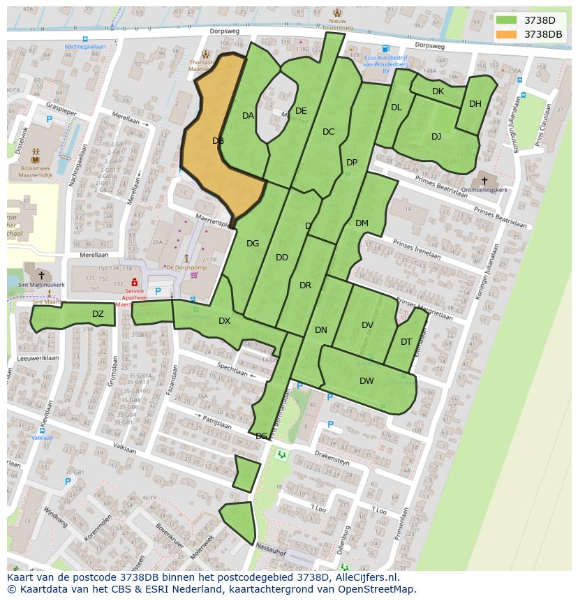 Afbeelding van het postcodegebied 3738 DB op de kaart.