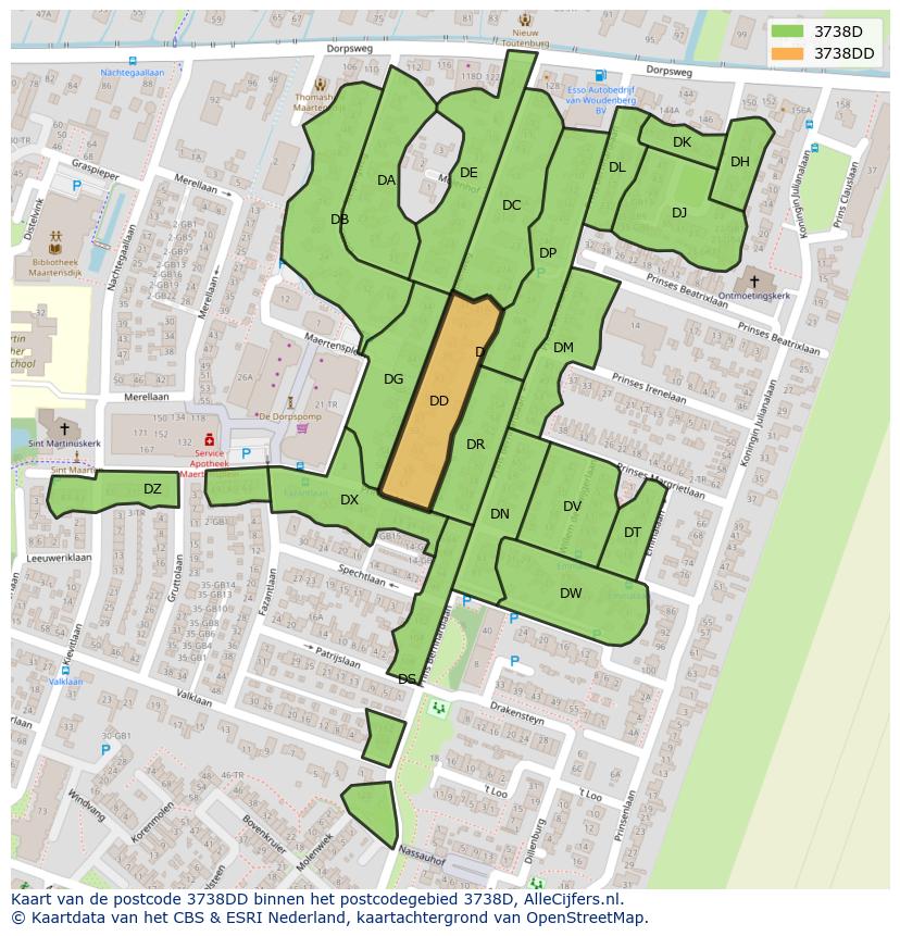 Afbeelding van het postcodegebied 3738 DD op de kaart.