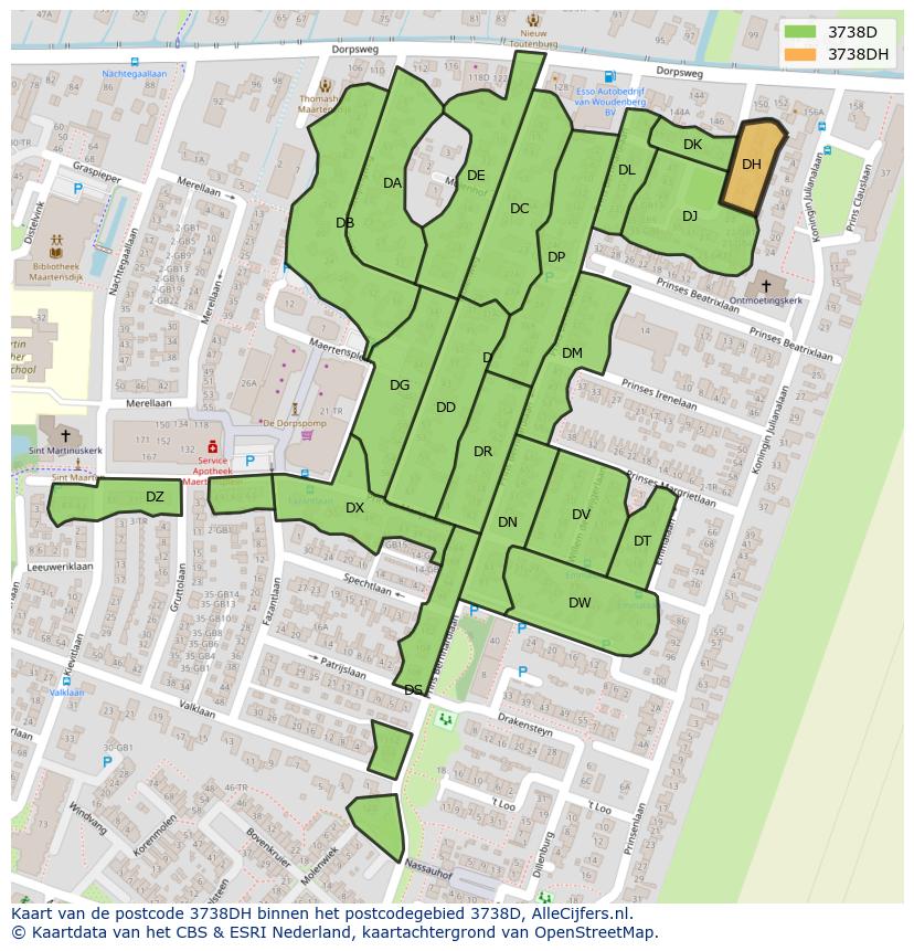 Afbeelding van het postcodegebied 3738 DH op de kaart.