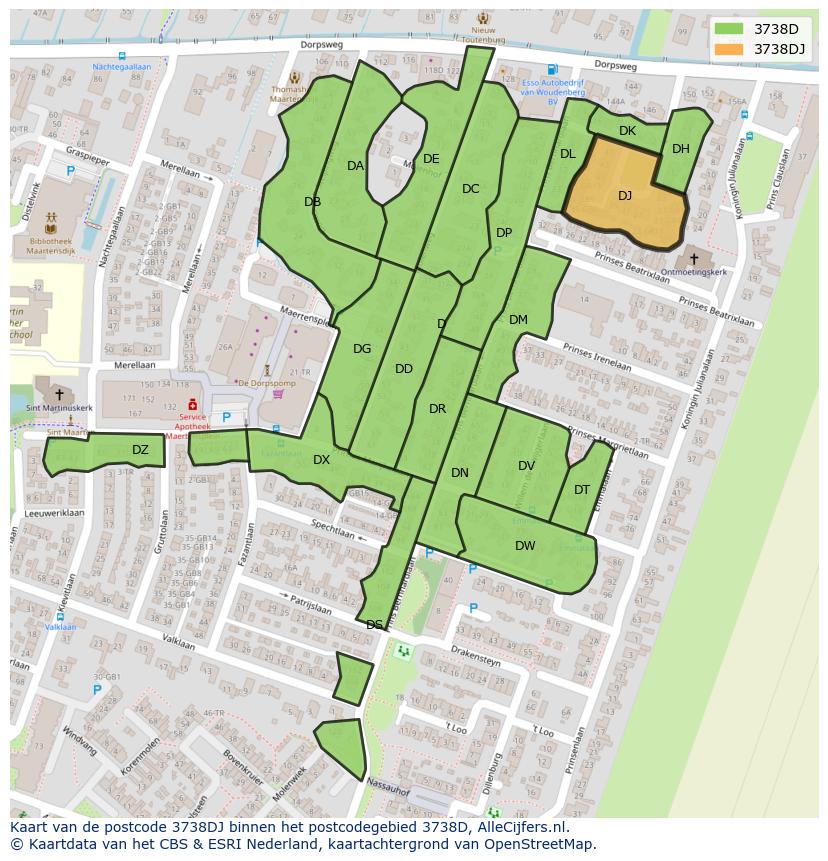 Afbeelding van het postcodegebied 3738 DJ op de kaart.