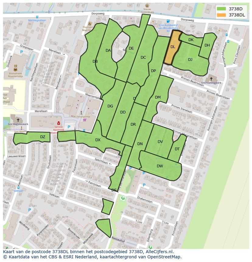 Afbeelding van het postcodegebied 3738 DL op de kaart.