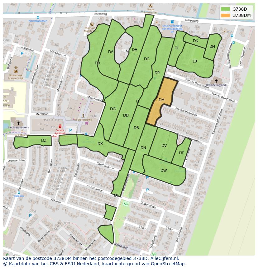 Afbeelding van het postcodegebied 3738 DM op de kaart.