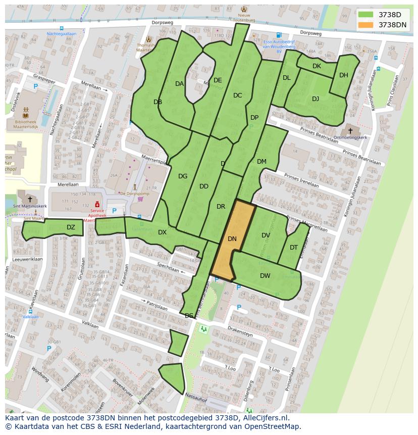 Afbeelding van het postcodegebied 3738 DN op de kaart.