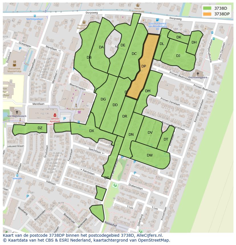 Afbeelding van het postcodegebied 3738 DP op de kaart.
