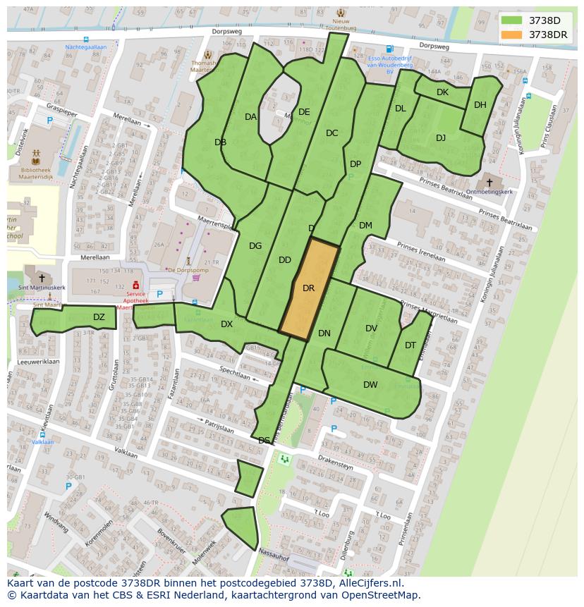 Afbeelding van het postcodegebied 3738 DR op de kaart.