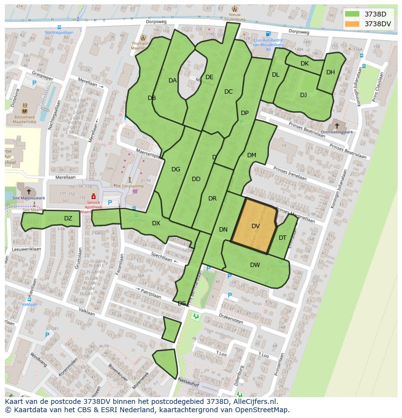 Afbeelding van het postcodegebied 3738 DV op de kaart.