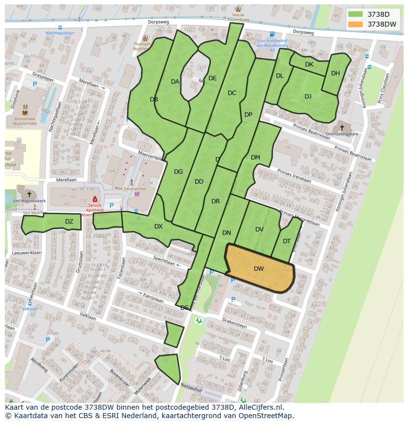 Afbeelding van het postcodegebied 3738 DW op de kaart.