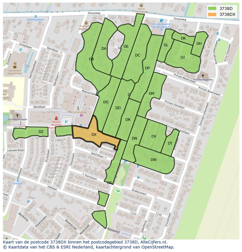 Afbeelding van het postcodegebied 3738 DX op de kaart.