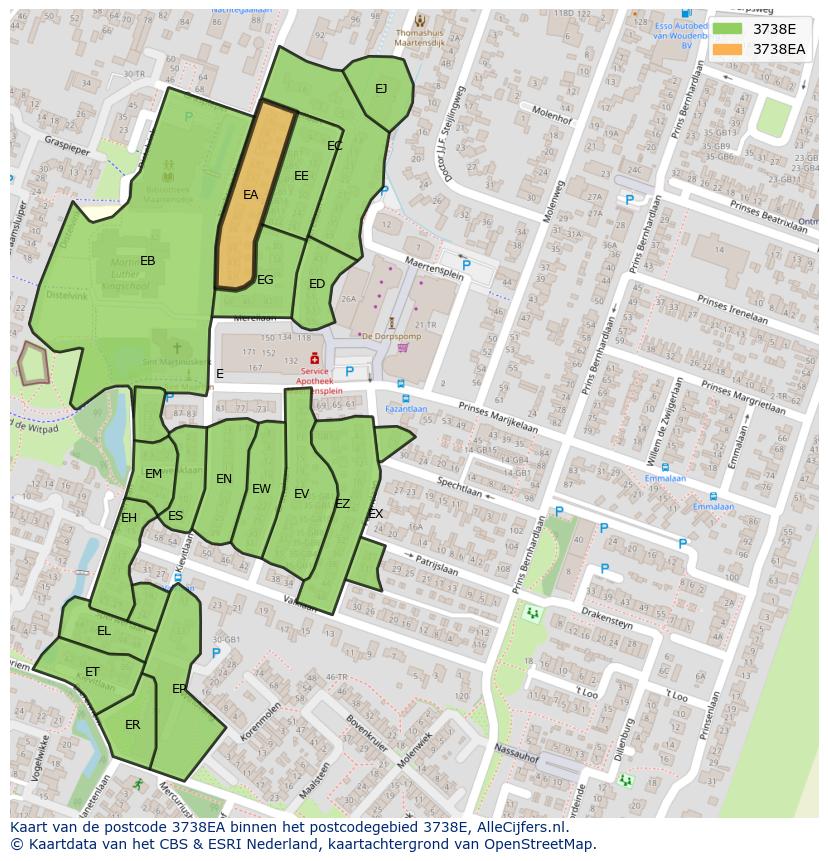 Afbeelding van het postcodegebied 3738 EA op de kaart.