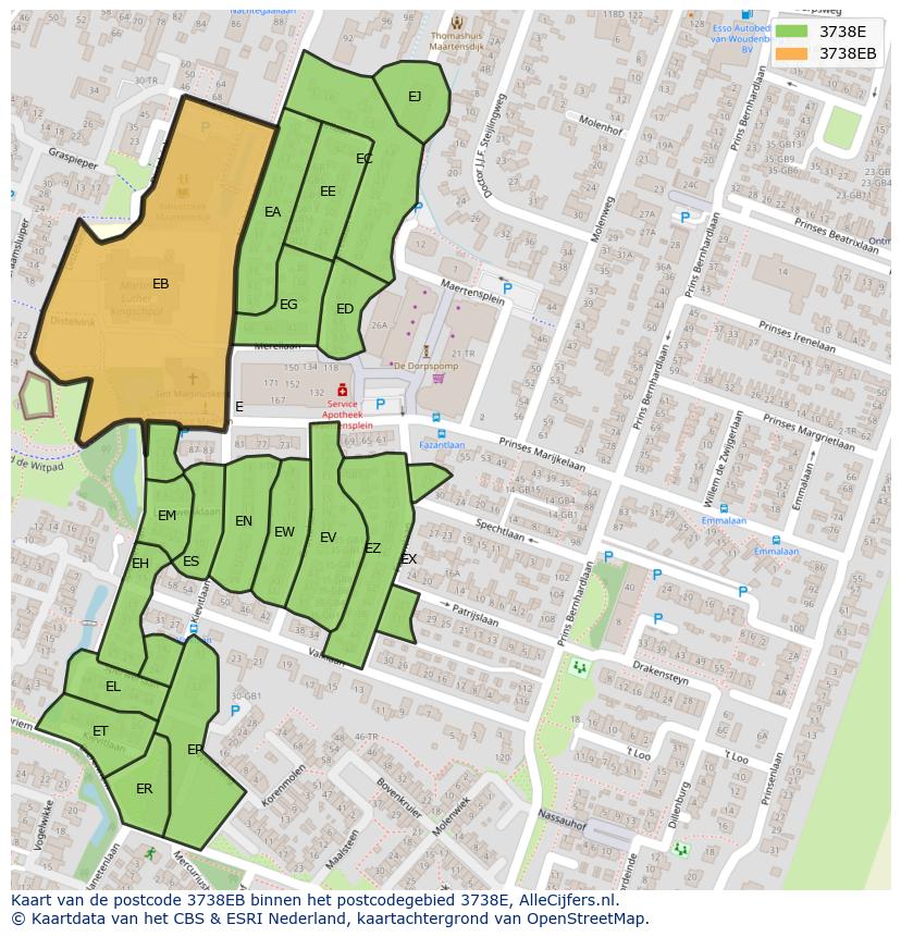 Afbeelding van het postcodegebied 3738 EB op de kaart.