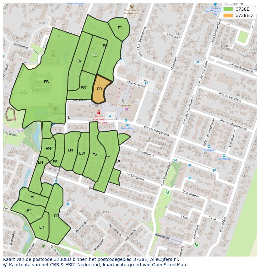 Afbeelding van het postcodegebied 3738 ED op de kaart.