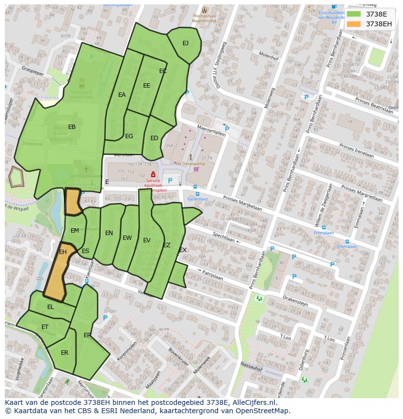 Afbeelding van het postcodegebied 3738 EH op de kaart.