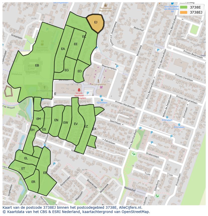 Afbeelding van het postcodegebied 3738 EJ op de kaart.