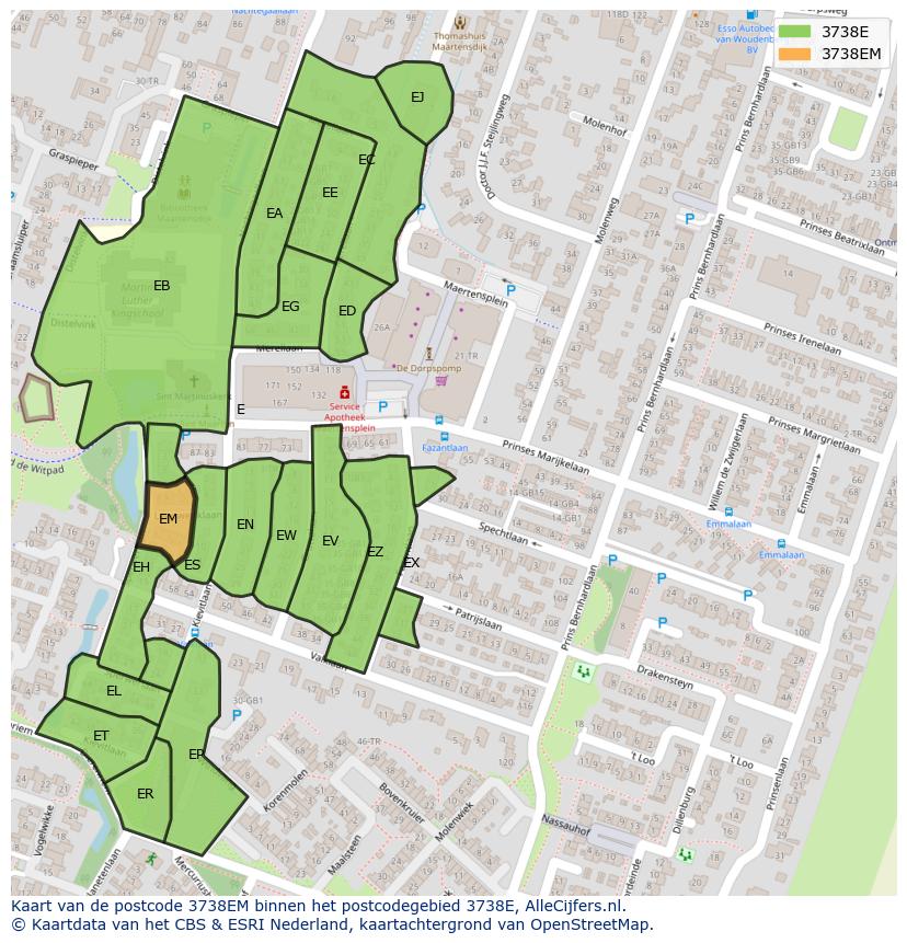 Afbeelding van het postcodegebied 3738 EM op de kaart.