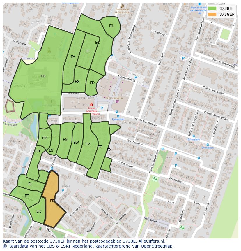 Afbeelding van het postcodegebied 3738 EP op de kaart.