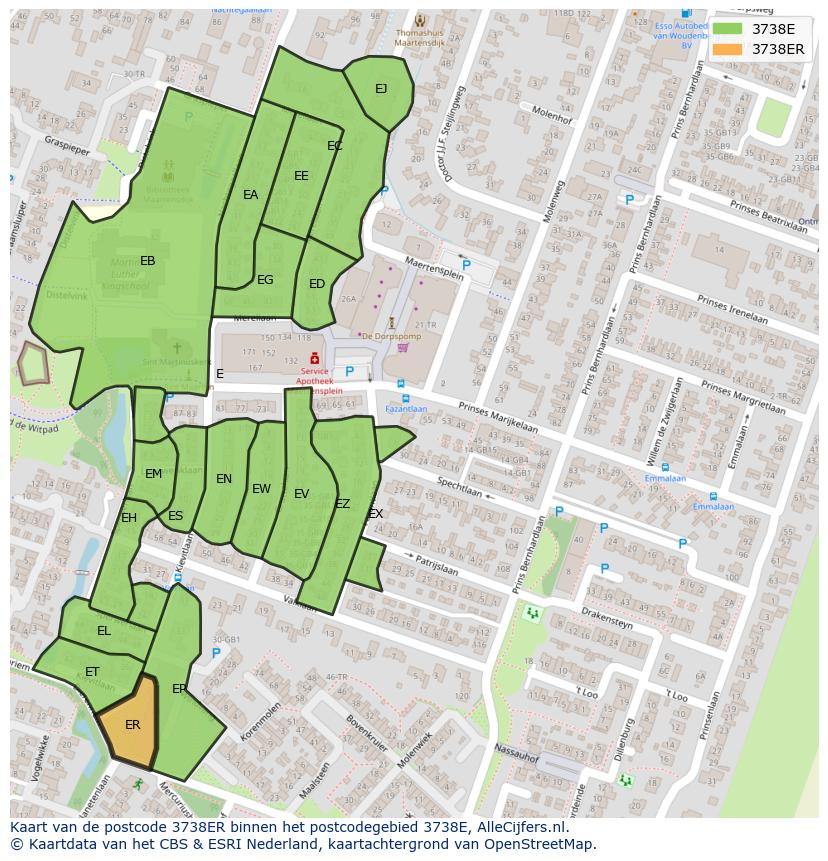 Afbeelding van het postcodegebied 3738 ER op de kaart.