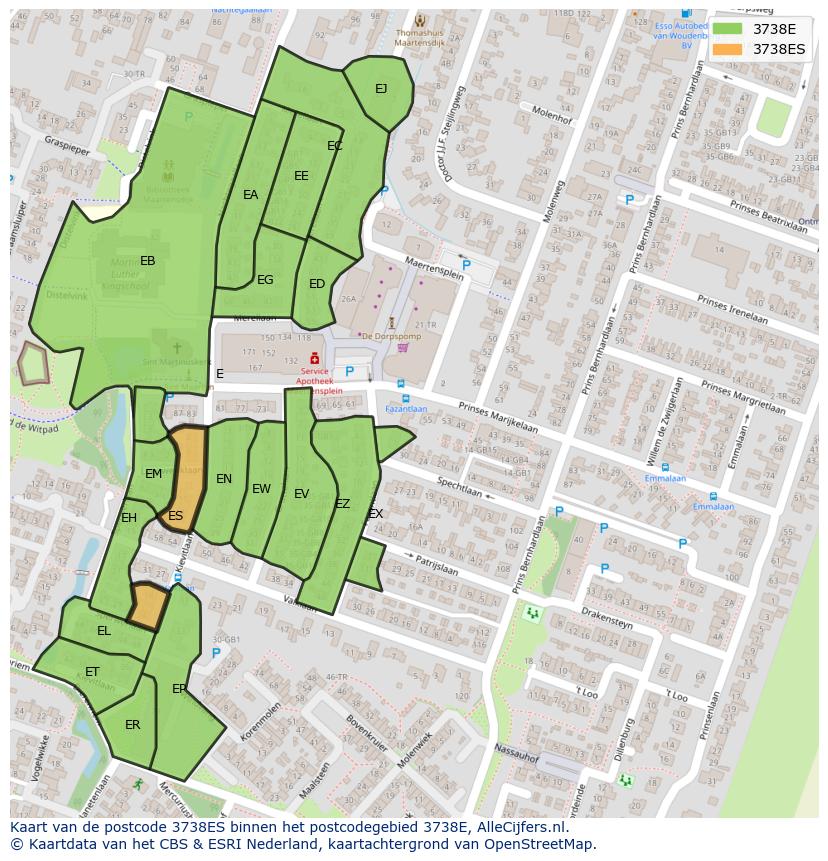 Afbeelding van het postcodegebied 3738 ES op de kaart.