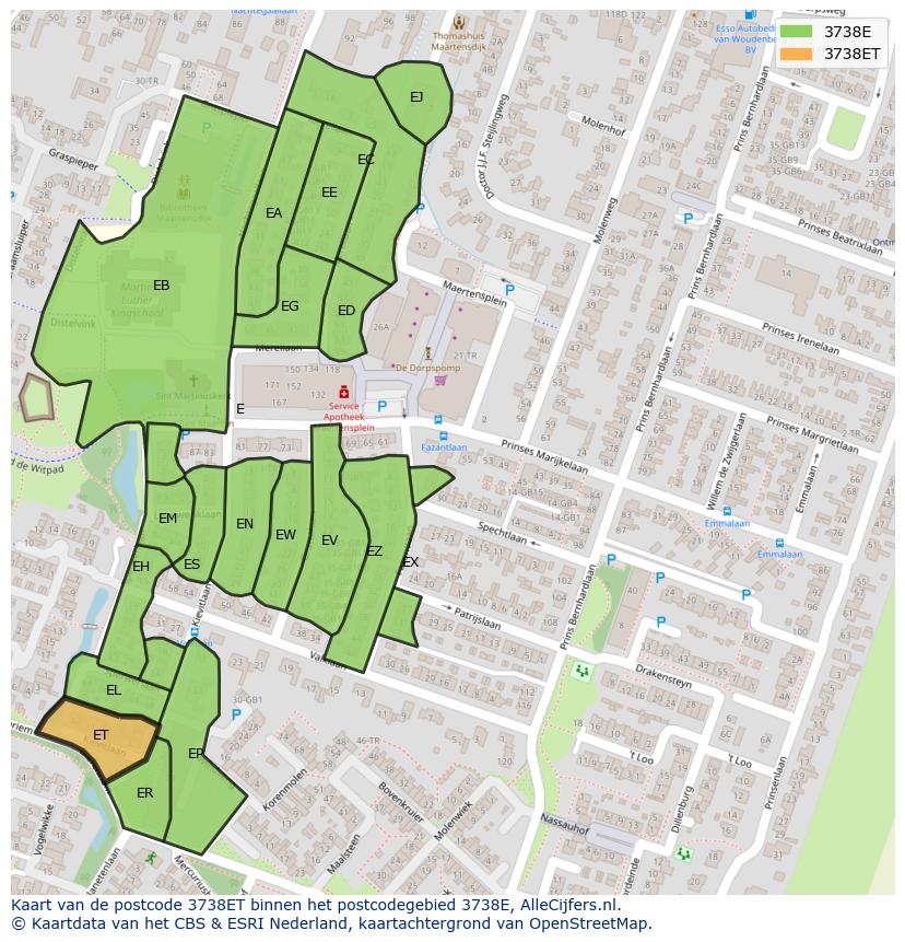 Afbeelding van het postcodegebied 3738 ET op de kaart.