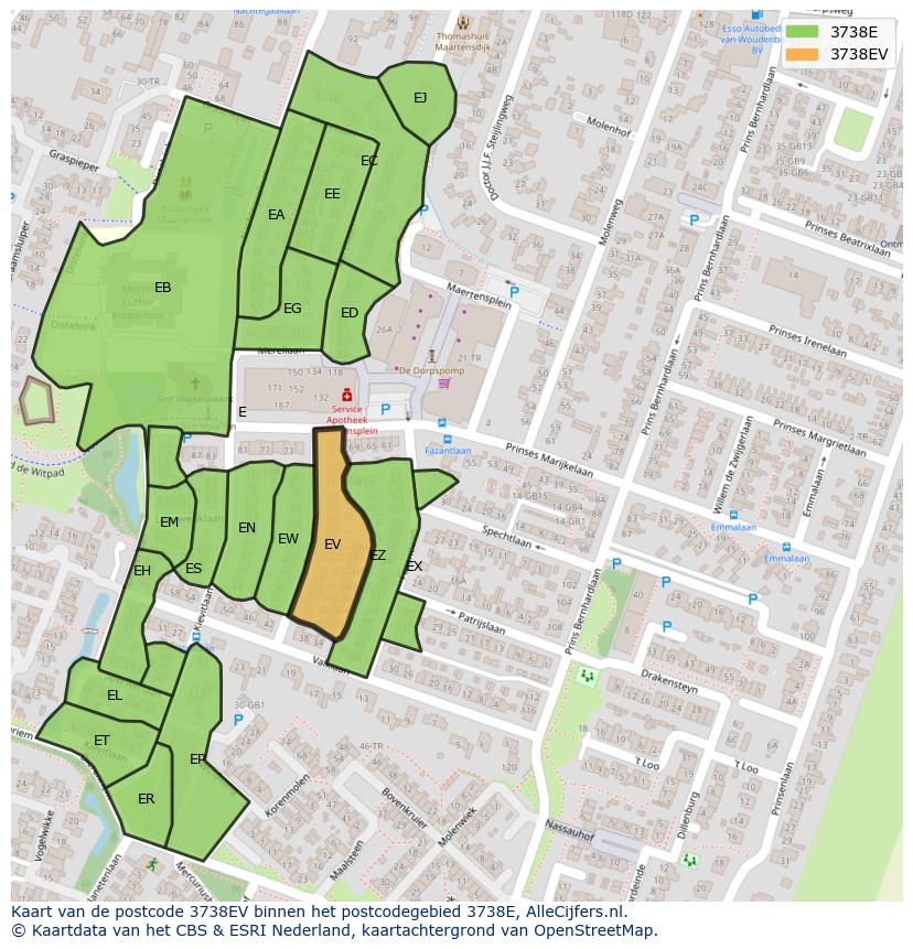 Afbeelding van het postcodegebied 3738 EV op de kaart.