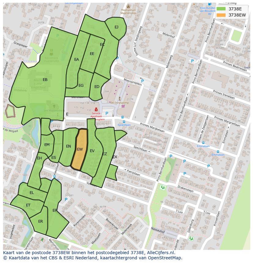 Afbeelding van het postcodegebied 3738 EW op de kaart.