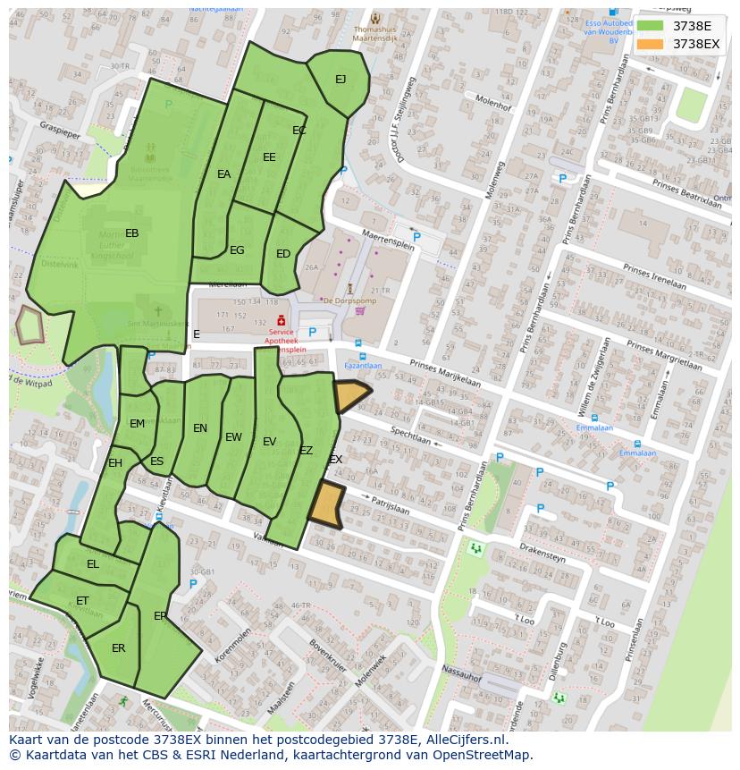 Afbeelding van het postcodegebied 3738 EX op de kaart.