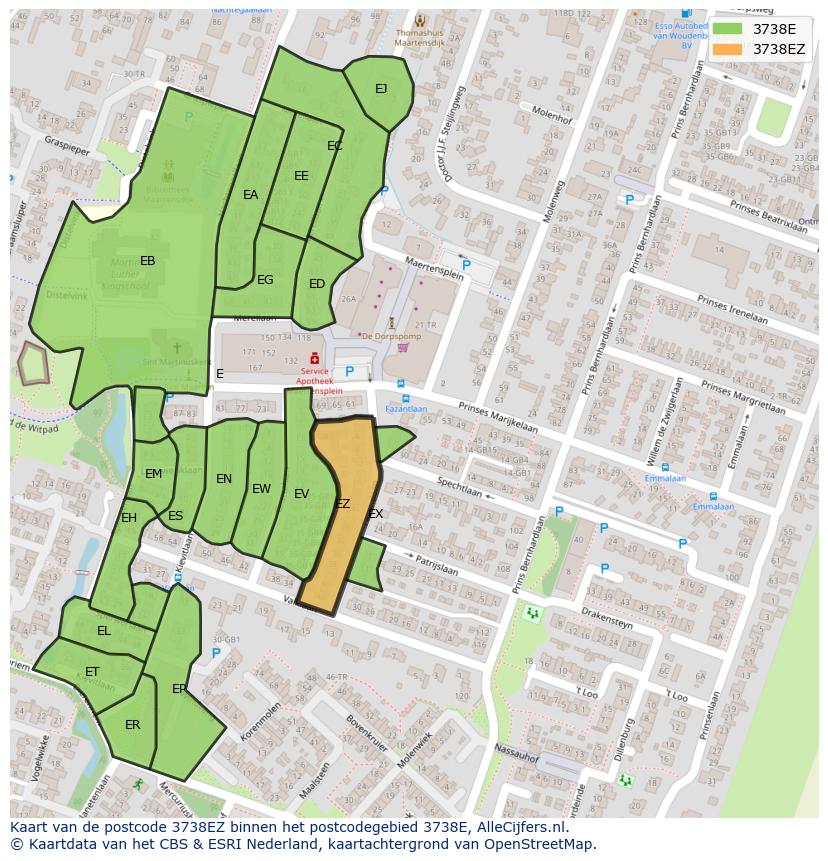 Afbeelding van het postcodegebied 3738 EZ op de kaart.