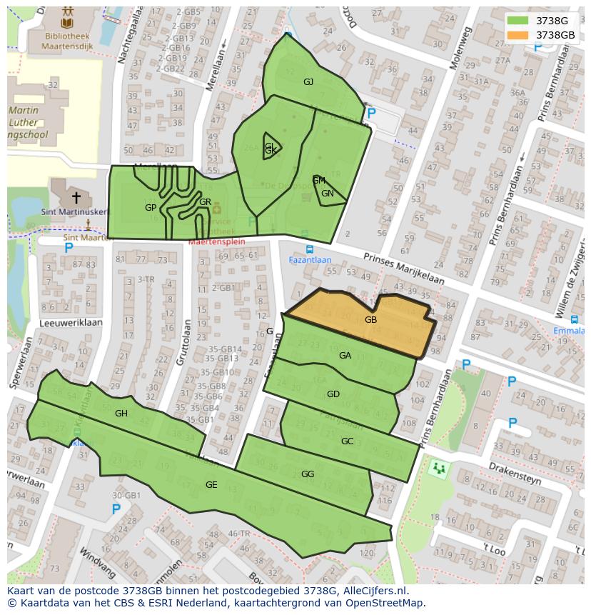 Afbeelding van het postcodegebied 3738 GB op de kaart.