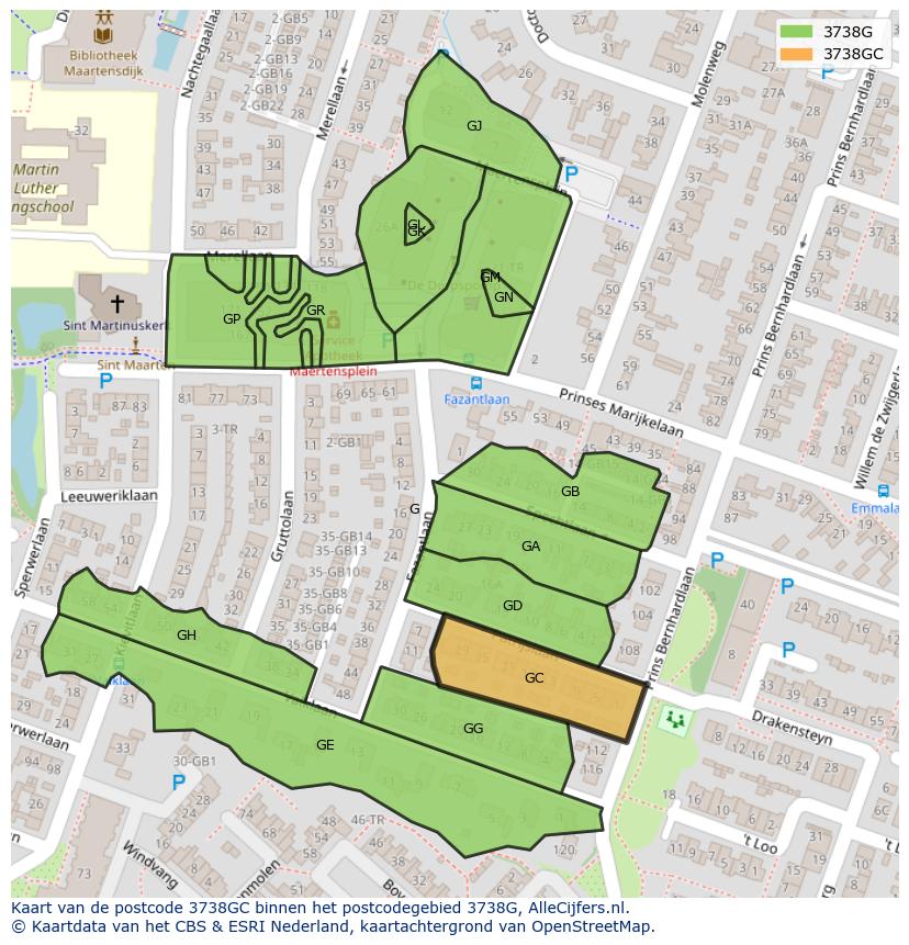 Afbeelding van het postcodegebied 3738 GC op de kaart.