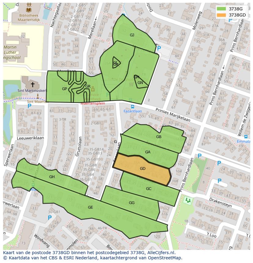 Afbeelding van het postcodegebied 3738 GD op de kaart.