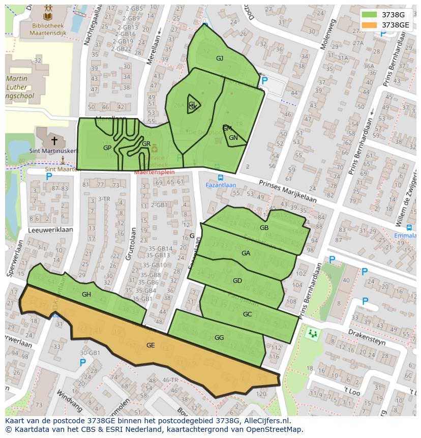 Afbeelding van het postcodegebied 3738 GE op de kaart.